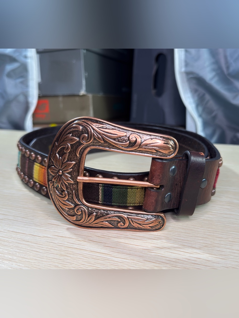 Ariat Women's Serape Copper Belt Size L=38” Multi-Color Brown Leather w/ studs